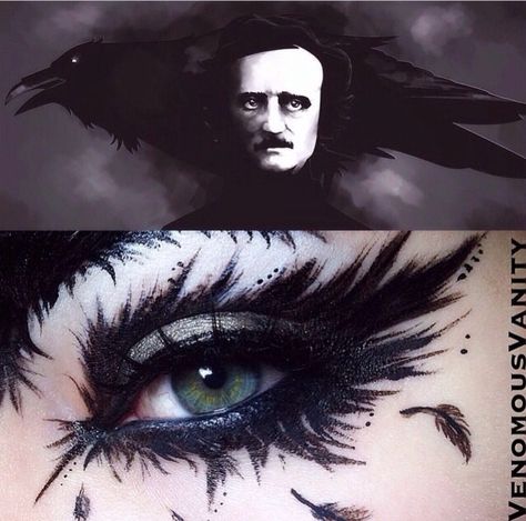 Edgar Allen Poe inspired makeup What Is Makeup, Raven Costume, Bird Makeup, Fantasy Make-up, Halloween Make-up Looks, Mascaras Halloween, Halloween Makeup Ideas, Allen Poe, Edgar Allen Poe