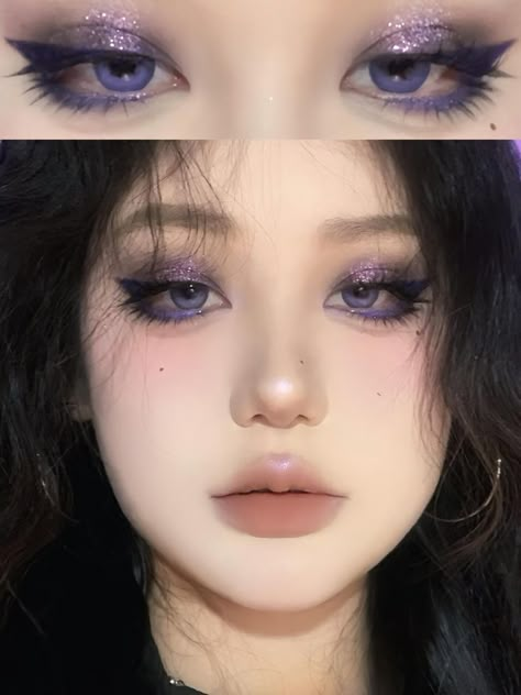 Purple Makeup Goth, Gothic Douyin Makeup, Douyin Makeup Purple, Goth Douyin Makeup, Purple Douyin Makeup, Dark Purple Eye Makeup, Cowgirl Makeup Ideas, Purple Goth Makeup, Dark Purple Makeup