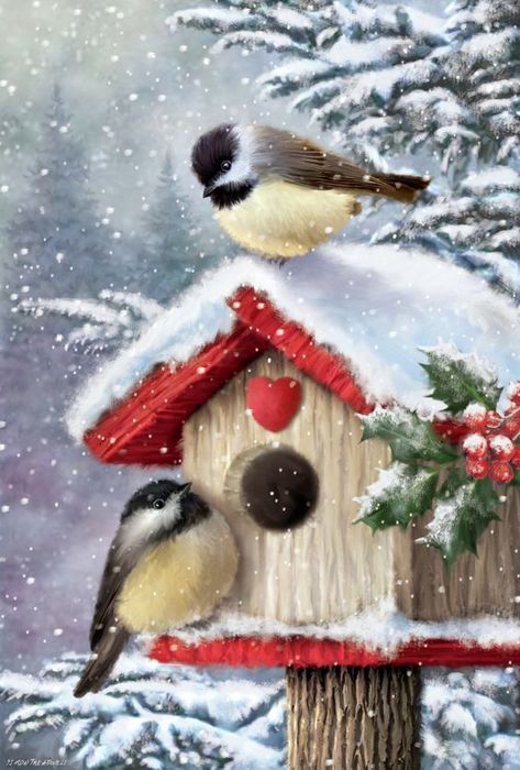 Chickadees at Christmas Christmas Bird, Christmas Scenes, Christmas Scene, Noel Christmas, Christmas Snow, Christmas Paintings, Paintings Art Prints, Christmas Illustration, Christmas Images