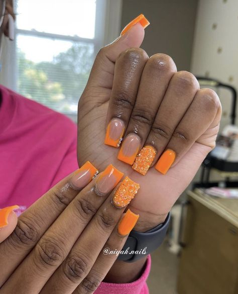 Short Coffin Nails Designs, Orange Acrylic Nails, Orange Nail Designs, Hard Nails, Lace Nails, Colored Acrylic Nails, Work Nails, French Tip Acrylic Nails, Cute Acrylic Nail Designs