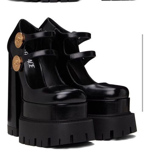 VERSACE Black Medusa Aevitas Platform Heels Versace Outfit Women, Medusa Aevitas Platform, Goth Platform Shoes, Black Medusa, Fashion Illustration Face, Goth Shoes, Dr Shoes, Heels Classy, Fancy Shoes