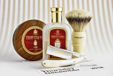 Truefitt and Hill 1805 shave soap and aftershave, T&H branded badger brush, Filarmonica 6/8" stainless steel straight razor, December 6, 2018. ©Sarimento1 Truefitt And Hill, Straight Razor Shaving, Shaving Kit, Signet Rings, Male Grooming, Straight Razor, Shaving Soap, Aftershave, Design Graphics