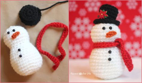 Snowman Hat Collection of Free Patterns | Your Crochet Crocheted Snowman Hat Free Pattern, Crochet Snowman Top Hat Free Pattern, Small Crochet Snowman, Snowman Garland, Crochet Kindness, Holiday Crochet Patterns, Crochet Christmas Ornaments Free, Crochet Needlework, Crochet Snowman