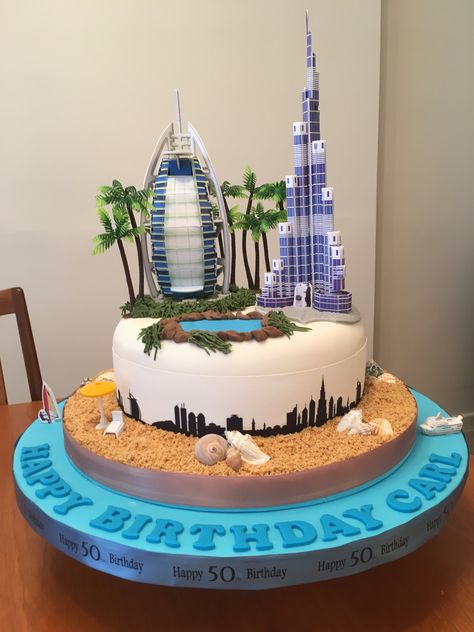 Dubai Cake, Travel Cakes, Dubai Tower, Third Birthday Boys, Bon Voyage Party, Arabian Nights Party, 9th Birthday Cake, Tower Cake, Dubai Trip