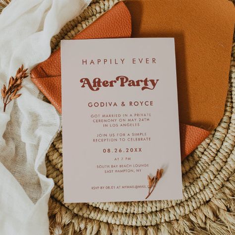 $2.95 | Stylish retro peach pink Happily ever after party | Wedding Invitations | happily ever after party, elopement, reception only, we eloped, boho, fall, retro vintage, elegant stylish, modern simple, pastel peach pink Retro Wedding Invites, Retro Wedding Reception, Elopement Party Invitations, Wedding Party Themes, After Party Invitation, Vintage Theme Wedding, Wedding Celebration Invitation, Vintage Elopement, Retro Wedding Theme