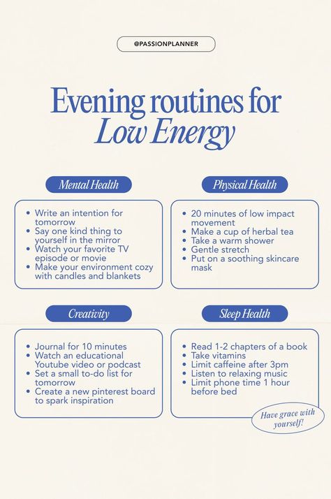 mental health, physical health, creativity, and sleep health evening routines for low energy Low Energy Days, Evening Routines, Self Care Bullet Journal, Get My Life Together, Evening Routine, Glow Up Tips, Choose One, Mental And Emotional Health, Self Care Activities