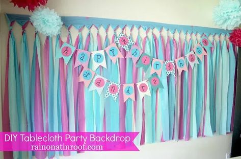 DIY Party Backdrop with Plastic Tablecloths | DIY Party Background | DIY Party Decorations | DIY Party Decor | Party Backdrop DIY Ideas Diy Party Background, Diy Party Banner, Background Tutorial, Diy Tablecloth, Diy Birthday Banner, Birthday Party Backdrop, Background Diy, Diy Banner, Diy Birthday Party