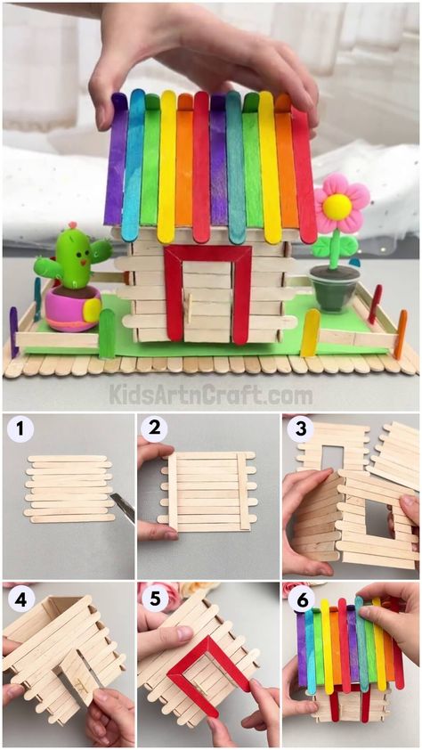 Mini House Popsicle Stick Craft Tutorial For Kids - Kids Art & Craft Things You Can Make Out Of Popsicle Sticks, Popsicle House Easy, Popsicle Stick Castle, Popsicle Stick Crafts House Easy, Craft Stick House, Popsicle Stick Building, Enchanted Forest House, Popsicle Stick Houses Easy, Popsicle Sticks House