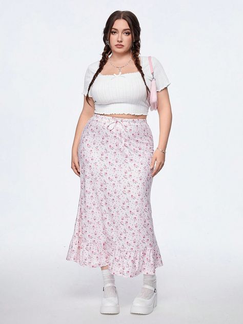 Pink Boho Collar  Knitted Fabric Plants,Ditsy Floral Flared Embellished Slight Stretch  Women Plus Clothing Midsize Women Fashion, Boho Summer Outfits Plus Size, Feminine Plus Size Outfits, Shein Outfits Plus Size, Plus Size Coquette Outfits, Plus Size Shein Outfits, Plus Size Pink Outfits, Plus Size Skirt Outfits, Plus Size Coquette