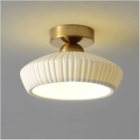 Farmhouse Retro Semi Flush Mount Ceiling Lamp with Ceramic Shade, Modern Lighting Close to Ceiling Light Fixtures for Bedroom Kitchen Porch Hallway Lámpara Colgante (Color : Gold) - Amazon.com Mcm Ceiling Light, Ceramic Lampshade, Light Mid Century Modern, Shade Design, Dining Room Light Fixtures, Incandescent Light, Pendant Lamp Shade, Hallway Kitchen, Incandescent Lighting