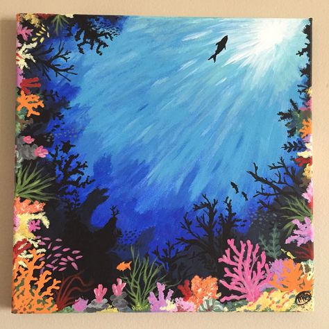 Drawing Ideas Creative Colourful, Acrylic Painting Pictures, Painting Ideas On Canvas For Beginners Simple, Unique Acrylic Painting Canvas, Water Painting Ideas On Canvas, Aquarium Painting Acrylic, Under Water Painting Acrylic, Under Water Painting Easy, Acrylic Painting Underwater