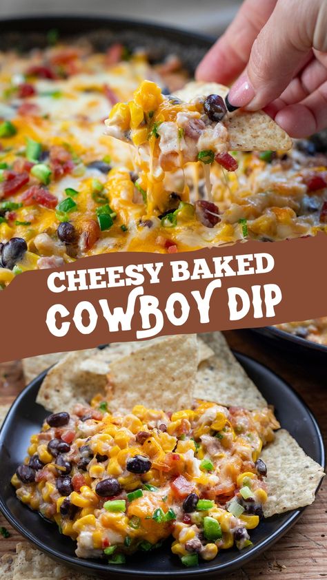 A plate of baked cowboy corn dip with tortilla chips, a hand is reaching in with a chip filled with the warm dip. Cowboy Dip Recipe, Baked Cowboy Dip, Cowboy Dip, Warm Dip Recipes, Delicious Dips, Vegetable Sticks, Delicious Dips Recipes, Cheesy Dip, Best Appetizer Recipes