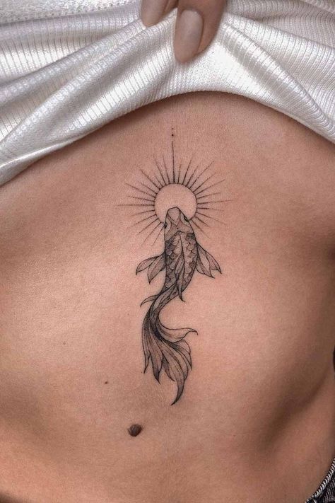 Sun And Koi Fish Tattoo, Meerkat Tattoo Minimalist, Pisces Sun Tattoo, Sun And Moon Koi Fish, Three Fish Tattoo, Koy Fish Tattoo Ideas, Palm Size Tattoos Ideas For Women, Sun Tattoo Ideas For Women, Sun Tattoo Back