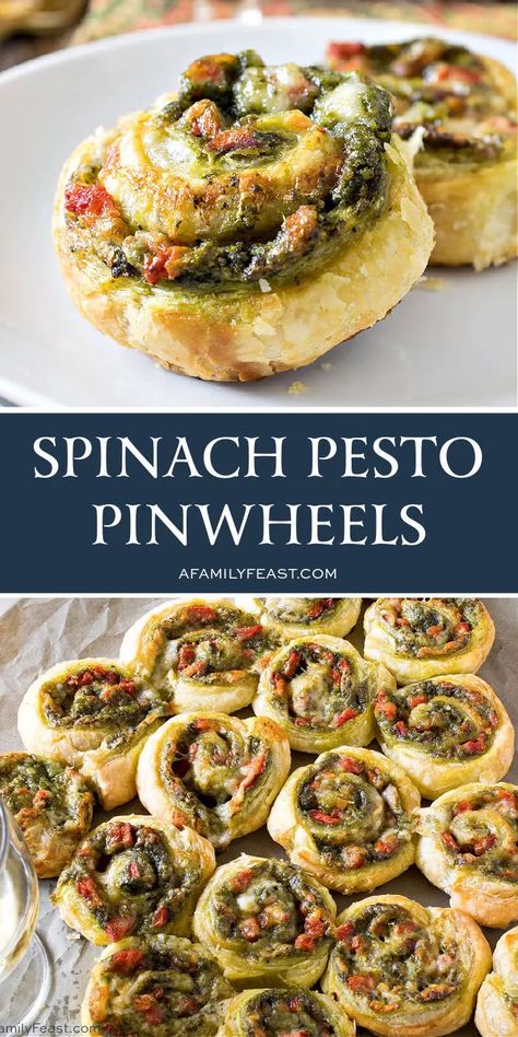 Spinach Pesto Pinwheels - A Family Feast® Pesto Pinwheels, Pesto Appetizers, Puff Pastry Pinwheels, Puffed Pastry, Savory Puff Pastry, Pizza Pinwheels, Pesto Spinach, Spinach Pesto, Puff Pastry Appetizers