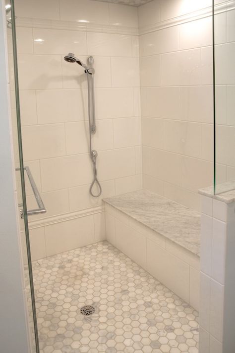 Carrera Hex Shower Floor - Traditional - bathroom - Lamantia Bilik Air, White Ceramic Tiles, Master Shower, Bathroom Shower Tile, Bathroom Remodel Shower, Shower Tile Designs, Trendy Bathroom, Bathroom Redo, Full Bathroom