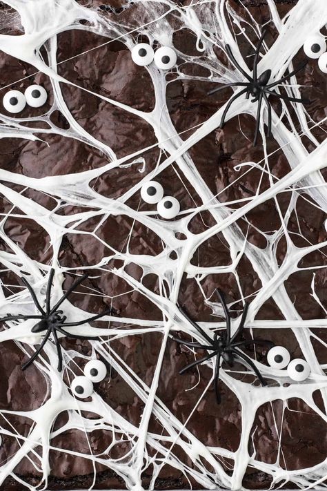 Spider Web Olive Oil Brownies Spider Brownies, Spider Web Brownies, Marshmallow Web, Olive Oil Brownies, Oil Brownies, Spider Treats, How To Make Spiders, Black Cocoa Powder, Halloween Brownies