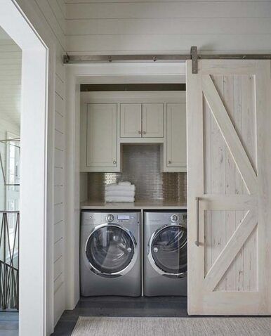 Laundry Room Storage Ideas, Small Laundry Room Organization, Barn Door Closet, Casa Clean, Room Storage Diy, Florida Beach House, Laundry Room Closet, Laundry Room Renovation, Farmhouse Laundry Room