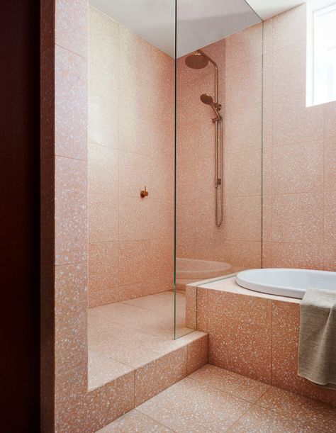 Salmon Pink Bathroom, Salmon Bathroom, Pink Terrazzo Bathroom, Terrazzo Tile Bathroom, Terrazzo Bathroom Design, Pink Terrazzo Tile, Bathroom Terrazzo, Farmhouse Apartment Decor, Terrazzo Decor