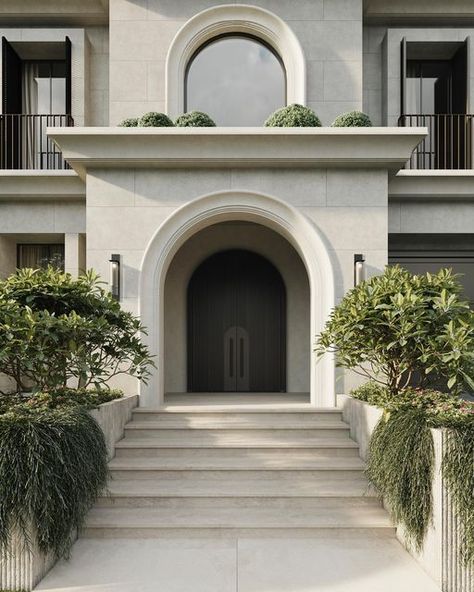 Stone Boundary Wall, Classic House Facade, Classic Facade Design, Modern Neoclassical Architecture, Neoclassical Exterior, Boundary Wall Designs, Neo Classic Villa, Shelf Detail, New Classic Villa