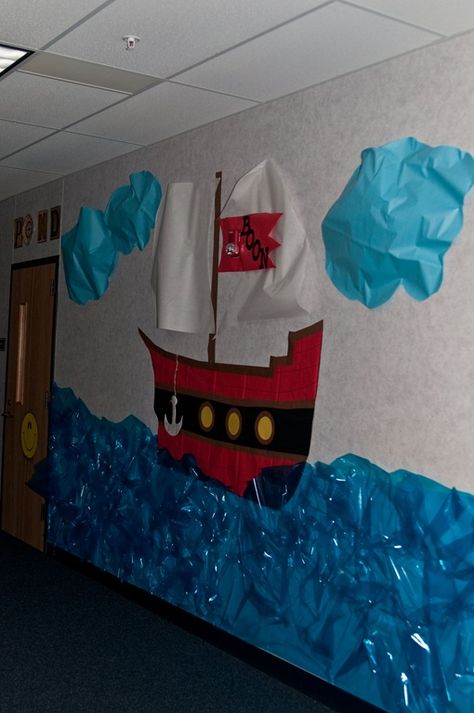 Love the water idea. Would go great with having the floor look like water too. With the area that the kids table is in look like they were on the ship. Boston Tea Party Decorations, Content Corner, Pirate Theme Classroom, Hallway Bulletin Boards, Pirate Classroom, First Grade Parade, Room Parent, House Night, 4th Grade Social Studies