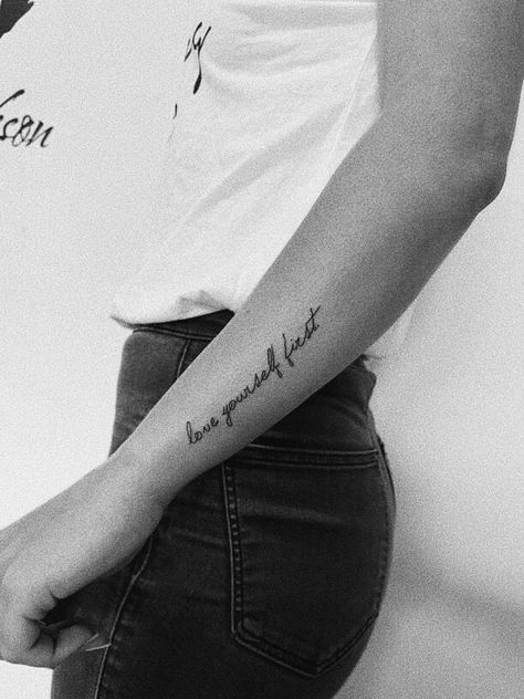 Tattoo On Arm For Women Quote, Tattoo Down Arm Quotes, Side Arm Quote Tattoos For Women, Woman Side Arm Tattoo, Meaningful Writing Tattoos, Bicep Tattoo Women Quotes, Forearm Writing Tattoo Women, Arm Writing Tattoos For Women, Arm Tattoo Quotes For Women