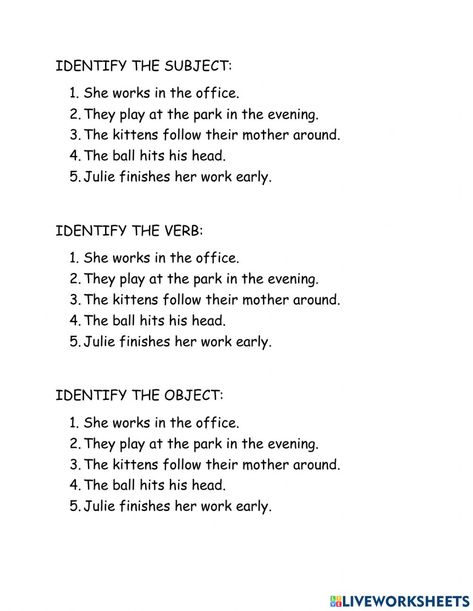 Parts Of A Sentence Worksheet, Subject Verb Object Sentences, Subject Verb Object Worksheet, The Sentence Worksheet, Subject Verb Object, Book Anatomy, Eng Grammar, Sentence Worksheet, Teacher Goals