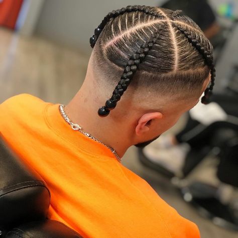 Men’s Two Braid Hairstyles, Braids For Medium Length Hair Men, Drop Fade With Braids, Men Two Braids Hairstyle, Fade With Braids Men, Male Braids, Box Braids Men, Cornrow Braids Men, Braids With Fade