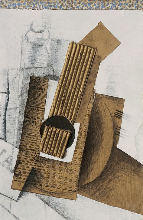 Cubist Collage ideas -- this is the best guitar collage idea I have seen on the web. The papers are textured and painted (white and coffee stained). George Braque, Synthetic Cubism, Cubist Sculpture, André Derain, Sonia Delaunay, Cubism Art, Picasso Art, Fauvism, Georges Braque