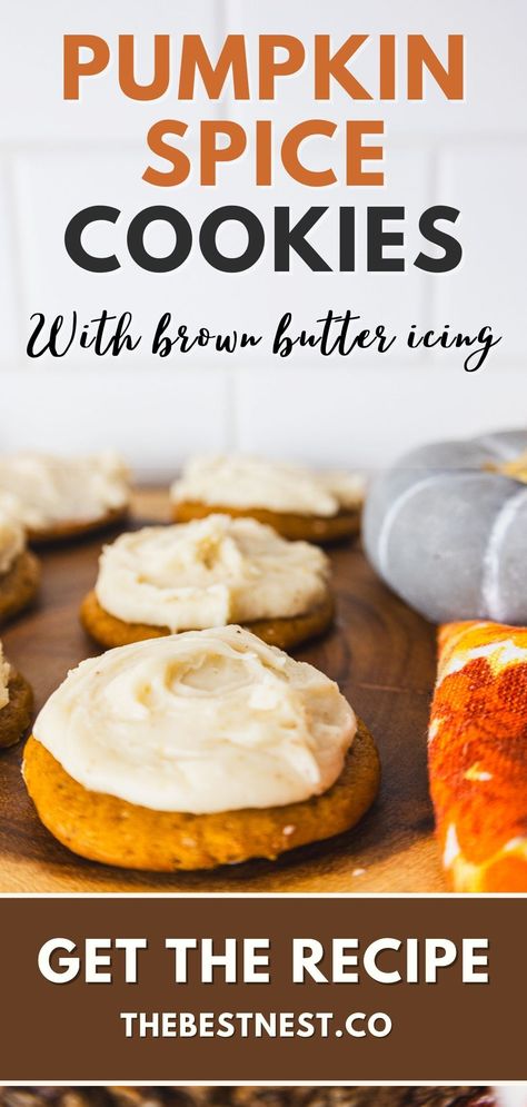 Pumpkin Spice Cookies With Brown Butter Icing Cookies With Brown Butter, Brown Butter Icing, Pumpkin Spice Cookie Recipe, Spice Cookie Recipes, Cookies With Cream Cheese Frosting, Cookies With Cream Cheese, Brown Butter Frosting, Pumpkin Spice Cookies, Butter Icing