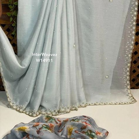 #Wrinkle #chiffon #saree With #beads work border With digital printed blouse Mirr *Only for 3699 freeshiping* Plain Chiffon Saree, Farewell Saree, Farewell Sarees, Elite Fashion, Beads Work, Chiffon Collection, Saree Trends, Chiffon Saree, May 23