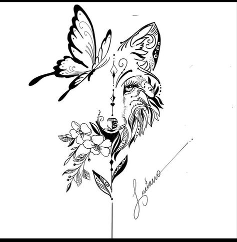 Fox Butterfly Tattoo, Tattoo Drawing Outline, Flowers Tattoo Drawing, Tattoo Artistic, Wolf Tattoos For Women, Black And White Flower Tattoo, Luna Tattoo, Dragon Tattoo Sketch, Backpiece Tattoo