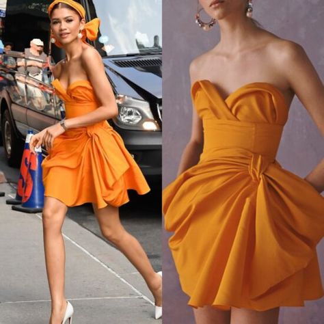 Carolina Herrera Strapless Bow-Embellished Silk Mini Dress on Zendaya1966 Magazine Zendaya Orange Dress, Cocktail Dress Classy Evening, Bollywood Vintage, Beige Gown, Spiderman Far From Home, Bow Dresses, Ed Sullivan, Vibrant Dress, Zendaya Style