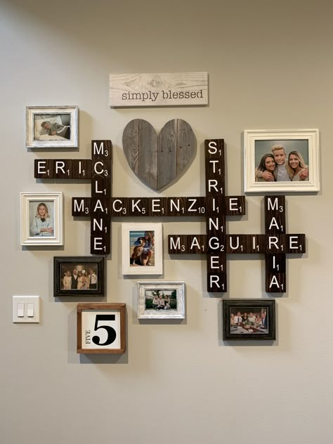 Family wall!  Scrabble letters and family photos! Scrabble Wall Decor, Family Pictures On Wall, Interior Drawing, Interior Industrial, Scrabble Wall Art, Scrabble Wall, Interior Layout, Family Photo Wall, Photo Wall Decor