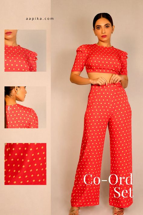 Shop this monochromatic trouser and crop top co-ord set by Aapika. Bandhani Print, Western Clothing, Contemporary Clothing, Contemporary Outfits, Print Crop Tops, Eco Friendly Fabric, Co Ord Set, Indian Design, Western Outfits