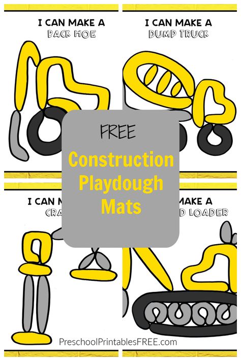 Free printable construction playdough mats for preschoolers. Strengthen hand muscles and fine motor skills as you make construction vehicles. Construction Movement Cards, Community Helper Playdough Mats, Construction Dramatic Play Preschool, Tools And Machines Preschool Activities, Free Playdough Mats Printables, Community Helpers Fine Motor, Tools And Machines Preschool Theme, Construction Crafts Preschool, Construction Preschool Activities