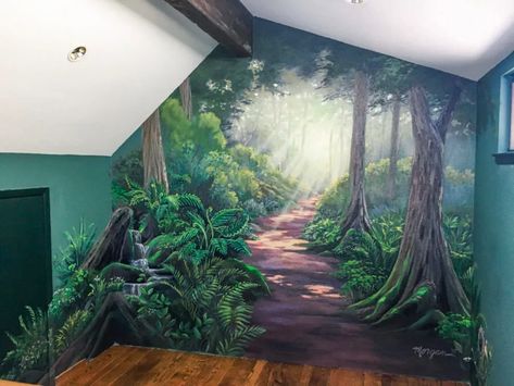 Forest Workout Room Mural - Morgan Mural Studios Magical Forest Wall Mural, Fairy Forest Wall Mural, Mural Wall Art Forest, Landscape Mural Ideas, Forest Wall Murals, Fairy Forest Mural, Living Room Murals Ideas, Wall Mural Nature, Fantasy Wall Murals Painted