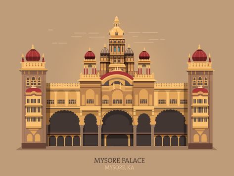 The most attractive palaces in south India, the Ambavilas Palace is the offical home of the Wodeyars, the maharaja of Mysore. Popularly known as Mysore Palace. http://bit.ly/1U7LpvI Mysore Palace Illustration, Mysore Palace Sketch, Mysore Palace Painting, Mysore Palace Drawing, Mysore Dasara, Indian Monuments, Blouse Painting, Mysore Palace, India Poster