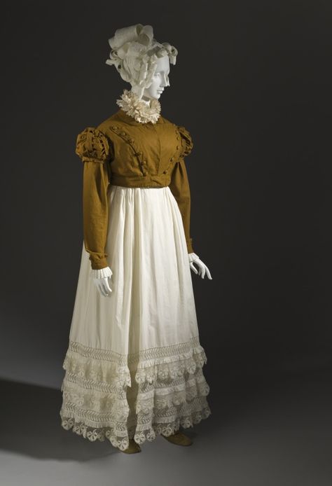 Cotton spencer jacket with cotton and linen net skirt, French c1815. LACMA 1820 Fashion, Edwardian Wedding Dress, Fashion History Timeline, Walking Dress, Spencer Jacket, Regency Gown, Regency Era Fashion, 1800s Fashion, Regency Dress