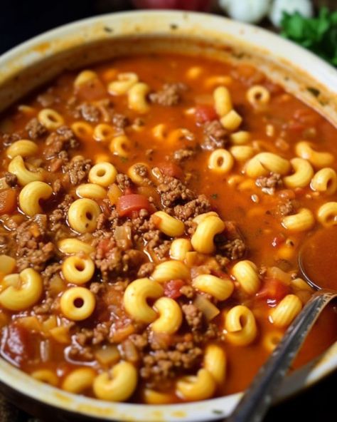 This dish was my jam back in the day—I'd bug my mom nonstop to cook it for me Beef Macaroni Soup, Macaroni Soup Recipes, Beef Macaroni, Macaroni Soup, Fast Meals, Beef Soup Recipes, Homemade Soup Recipe, Beef Casserole Recipes, Delicious Soup Recipes