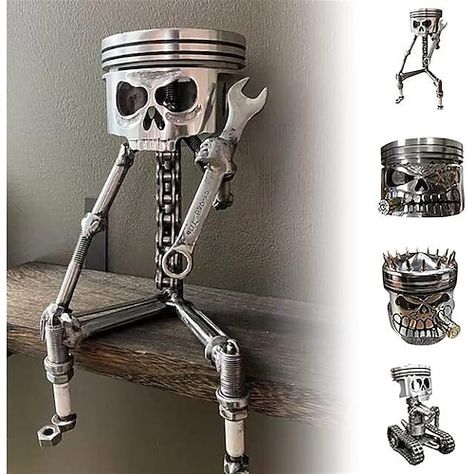 Steampunk Metal Art, Piston Skull, Cheap Halloween Party, Welding Ideas, Face Sculpture, Halloween Skeleton Decorations, Metal Puzzles, Handmade Statue, Warrior King