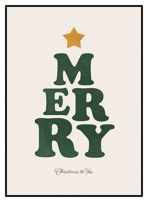 Typography poster that features the word "merry" in bold green, shaped like a Christmas tree against a soft beige background with a yellow star on top. This cute design is both minimalist and festive, making it the perfect addition to any home looking to infuse a touch of holiday spirit. Prepare your space for the joyful season ahead with this elegant print! Christmas Poster Design, Christmas Tree Poster, Merry Christmas Typography, Merry Christmas Poster, Christmas Graphic Design, Christmas Typography, Poster Store, Holiday Poster, Christmas Ad