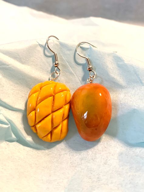 Mango Earrings, Polymer Clay Accessories, Crazy Earrings, Clay Accessories, Homemade Earrings, Weird Jewelry, Funny Earrings, Quirky Jewelry, Quirky Earrings