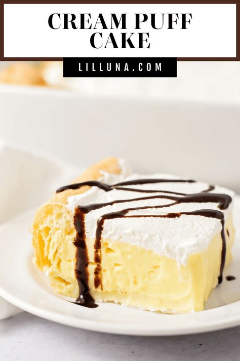 Smooth + rich Cream Puff Cake is a take on the popular cream puff dessert. Drizzle it in chocolate for a perfect bite! #creampuffcake #creampuff #cake #desserts #pastry Cream Puff Cake, Cream Puff Dessert, Puff Cake, Cream Puff Cakes, Desserts Pastry, Homemade Chocolate Fudge, New Years Eve Dessert, Puff Dessert, Chocolate Fudge Sauce