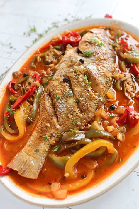 Jamaican Steamed Fish Red Snapper, Steam Fish Recipe Jamaican, Jamaican Steamed Fish, Baked Pork Loin Chops, Jamaican Fish, Baked Pork Loin, Steamed Fish Recipes, Fish Curry Indian, Steam Fish