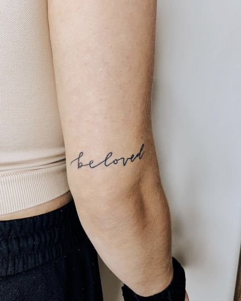 #tattootattoo #tattoo #tattooideas #tattooart #beloved #tattooword #wordtattoo #smalltattoo #smalltattooideas #tattoosforwomen #tattooart Beloved Tattoo Font, His Beloved Tattoo, Tattoo Top Of Shoulder, My Beloved Tattoo, Dainty Tats, Chosen Tattoo, Tattoos Simplistic, Tattoo Cursive, Beloved Tattoo