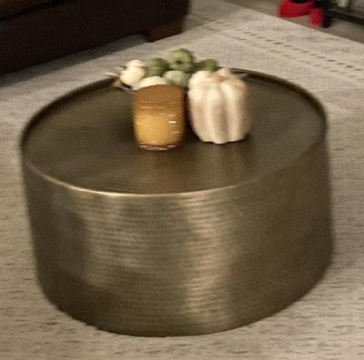 Drum Coffee Table Living Room, Hammered Coffee Table, Hello Pictures, Coffee Table Brass, Coffee Table Living Room, Drum Coffee Table, Outdoor Patio Space, How Do You Clean, Brass Coffee Table