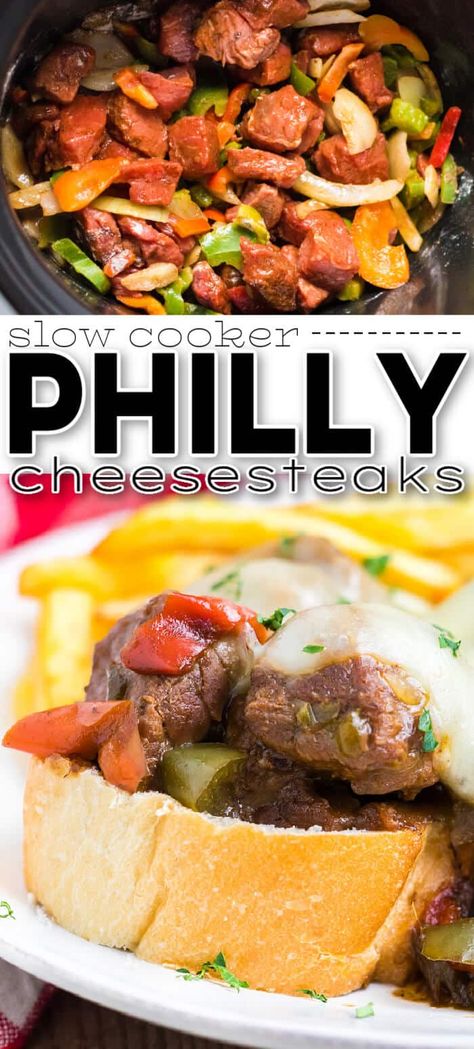 Philly Cheese Steak Sandwich Recipe Crockpot, Crockpot Philly Cheese Steak, Philly Recipes, Slow Cooker Philly Cheese Steak, Philly Cheese Steak Crock Pot, Philly Cheese Steak Sandwich Recipe, Steak And Cheese Sub, Philly Steak Sandwich, Philly Cheese Steak Sandwich