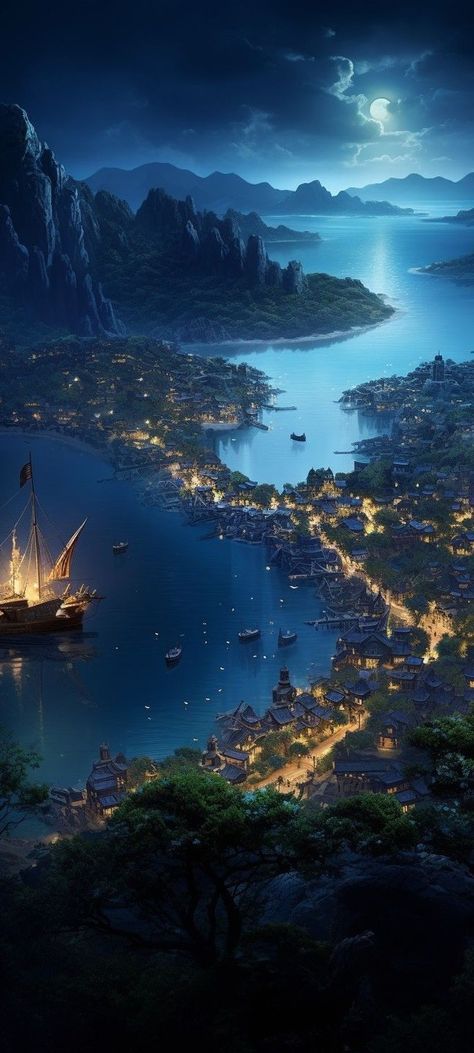 Lake City Fantasy Art, Kingdom By The Sea Aesthetic, Fantasy World Landscapes Nature, Light Fantasy Aesthetic, Fantasy Kingdom Cities, Fantasy Locations, Fantasy Scenery, Navi A Vela, Water World