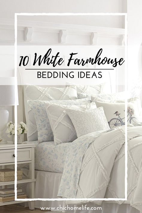 Spring is right around the corner, and I am so excited to share with you all ten white farmhouse bedding ideas that will instantly transform your master bedroom from winter to spring. Bedrooms With White Bedding, White Bedspread Ideas, White Bedding Ideas Pop Of Color, White Farmhouse Bedding, White Duvet Bedding Ideas, Bedspreads Ideas, Farmhouse Bed Pillows, Farmhouse Bedspread, White Duvet Bedding