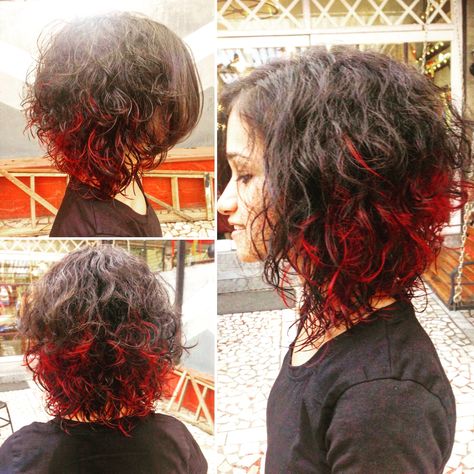 Curly Bob with Red Dip Dyed ends. Red Hair Underneath Curly, Curly Hair With Dyed Ends, Curly Hair With Red Ends, Red Tips Hair Curly, Short Curly Hair Red Highlights, Red And Black Peekaboo Hair Curly, Curly Hair Dyed Underneath Red, Red Dyed Ends Of Hair, Dyed Ends Of Hair Brunettes